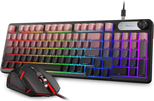 Miniatura 10 de BlueFinger Teclado RGB para juegos, teclado USB con cable de 98 teclas con retroiluminación arcoíris, perilla de volumen y pantalla, escritura