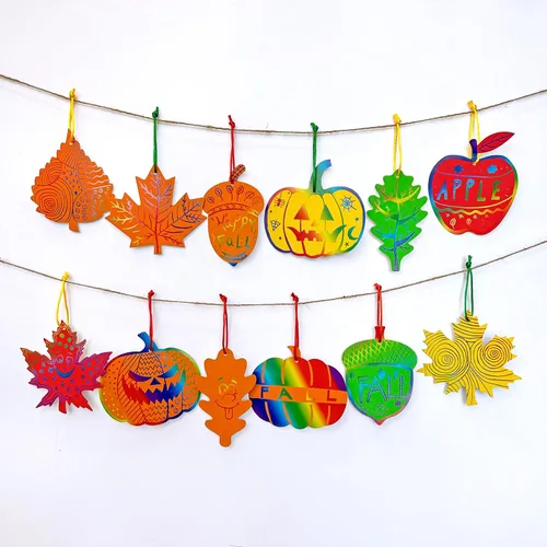 Miniatura 4 de Winlyn Juego de 48 juegos de adornos de otoño de colores mágicos para rascar de otoño, hoja de arce, hoja de roble, calabaza, manzana, bellota, kits