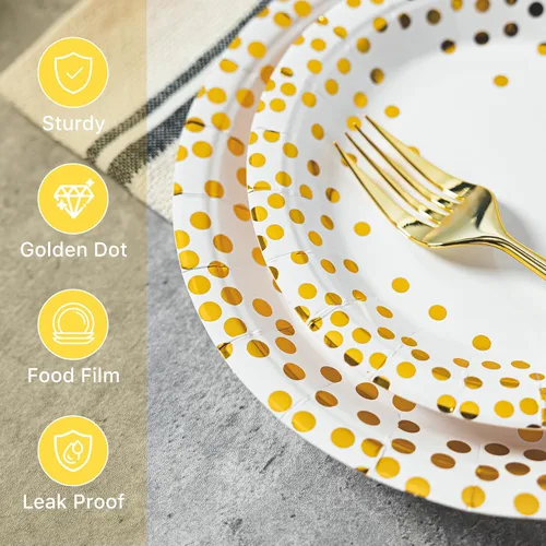 Miniatura 3 de Lullaby 120 piezas de platos de papel blancos, platos de papel dorado desechables, 60 piezas de platos de cena de 9", 60 piezas de platos de postre
