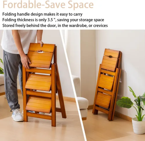 Miniatura 7 de Latifolia Escalera plegable de 3 escalones, taburete de madera con protector de suelo, estante decorativo para sala de estar, cocina, jardín (nogal)