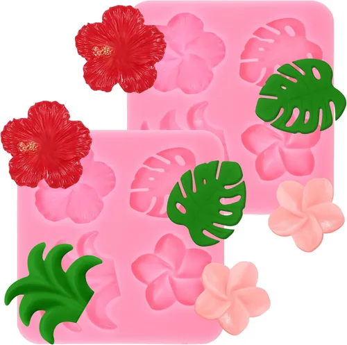 2 moldes de silicona de flores tropicales y hojas de plumeria, hibisco, flores de Monstera, para fondant de hoja, para bricolaje, chocolate, dulces,