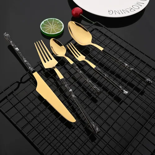 Miniatura 4 de JASHII Juego de cubiertos de acero inoxidable con textura de mármol, 24 piezas, tenedor de cuchillo, cuchara de té, cubiertos plateados para 6