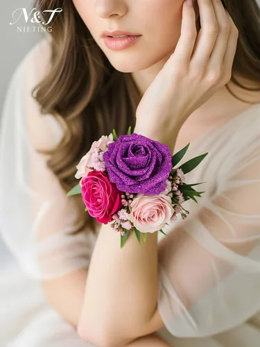 Miniatura 253 de N&T NIETING Flores artificiales, rosas artificiales de color rosa intenso, 50 piezas de flores falsas con tallo para ramos de boda DIY, centros