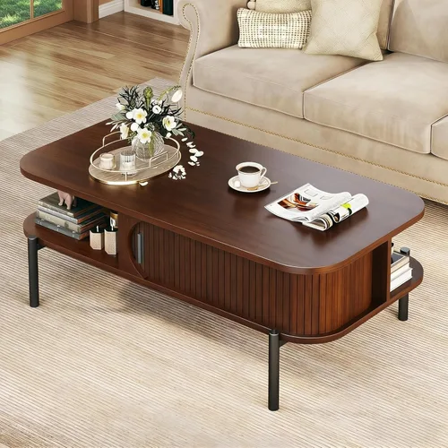 Miniatura 10 de Mesa de café, mesas de café modernas de mediados de siglo de 39.4" para la sala de estar, mesa de café con almacenamiento, estante abierto, mesa