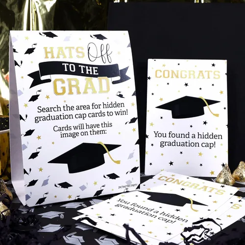 Miniatura 2 de DISTINCTIVS Grad Cap Scavenger Hunt, juego de fiesta de graduación Class of 2026-1 cartel independiente y 10 tarjetas para ocultar