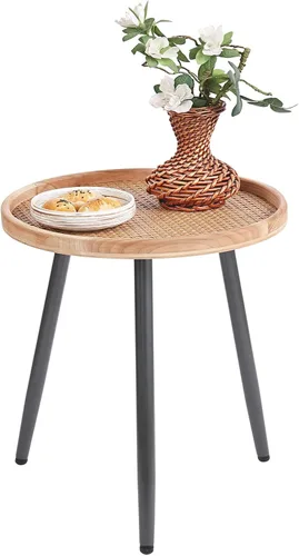 Miniatura 11 de Tiita Mesa auxiliar redonda mental, mesita de noche, mesas pequeñas de madera, mesa de centro con bandeja de madera para sala de estar, dormitorio