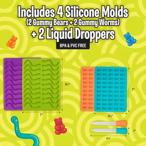 Miniatura 2 de Moldes de silicona para caramelos de oso y gusano, paquete de 4 moldes de chocolate sin BPA con 2 goteros, bandejas de hornear flexibles Oso de goma
