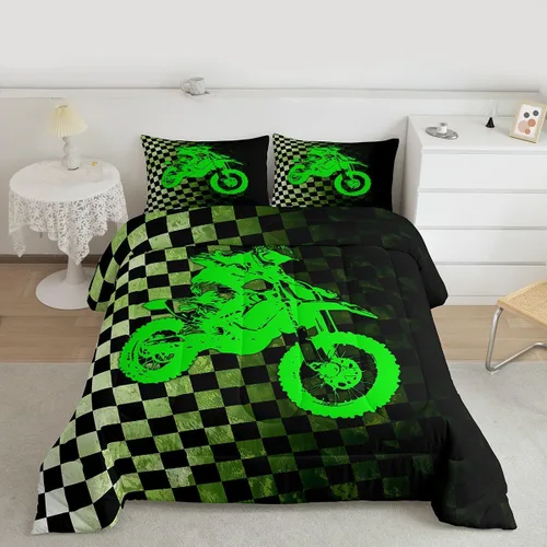 Miniatura 3 de Juego de edredón de motocross para niños, tamaño individual, juego de ropa de cama de motociclista de motocross, edredón a cuadros de búfalo blanco