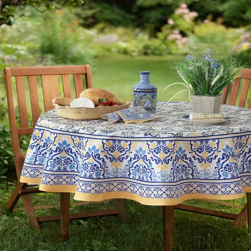Miniatura 7 de Home Bargains Plus - Mantel redondo de tela, 70 pulgadas, diseño de borde floral con amapolas en amarillo y azul, resistente a manchas y agua
