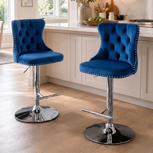 Miniatura 57 de SoarFlash Juego de 2 taburetes de bar tapizados de terciopelo moderno con patas de madera, botones acolchados, cabeza de clavo cromada, asiento