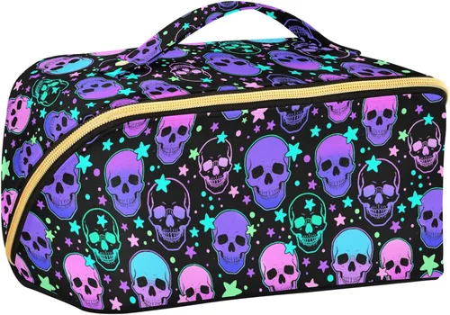 Miniatura 10 de Bolsa Organizadora de Maquillaje, Bolsa de Maquillaje de Halloween con Murciélagos Negros y Cielo Nocturno con Estrellas, Bolsa de Maquillaje