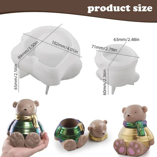 Miniatura 3 de Actvty Molde de resina para tarro de oso, molde de silicona para tarro con tapa, moldes de fundición de epoxi de oso 3D, caja de baratijas, tarro