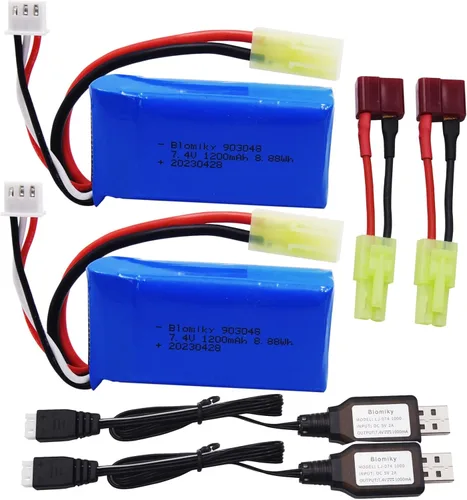 Miniatura 3 de Blomiky Paquete de 2 baterías Li-PO de 7.4 V 1200 mAh 8.88 Wh y 2 cables de cargador USB de repuesto para escala 1/18 9310YL 9300 9301E 9302E 9303E
