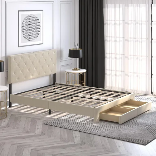 Miniatura 4 de NSdirect Base de cama tamaño Queen con cajón de almacenamiento, base de cama tapizada de terciopelo con 2 cajones de almacenamiento y estación