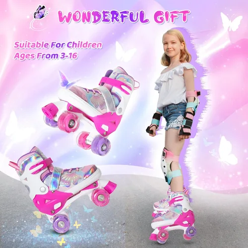 Miniatura 5 de MammyGol Patines de ruedas para niños y niñas, patines ajustables para niños con hermosas mariposas, principiantes de 3 a 16 años de edad, patines