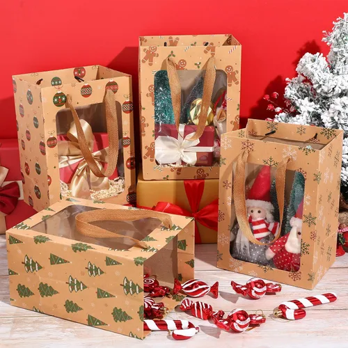 Miniatura 3 de Cholemy 16 bolsas de regalo de Navidad de verano con ventana transparente y asas, bolsas de papel kraft de regalo de Navidad de 10 x 7 x 5.12