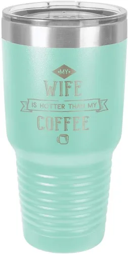 Miniatura 20 de Taza de viaje de acero inoxidable con popote y tapa superior deslizante My Wife Is Hot Than My Coffee Black de 30 onzas