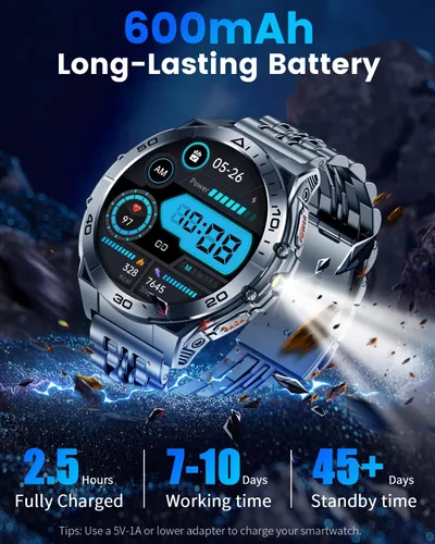 Miniatura 3 de Reloj inteligente militar para hombres, pantalla AMOLED de 1.60 pulgadas siempre encendida, 600 mAh (7 a 10 días), linterna LED, llamada Bluetooth