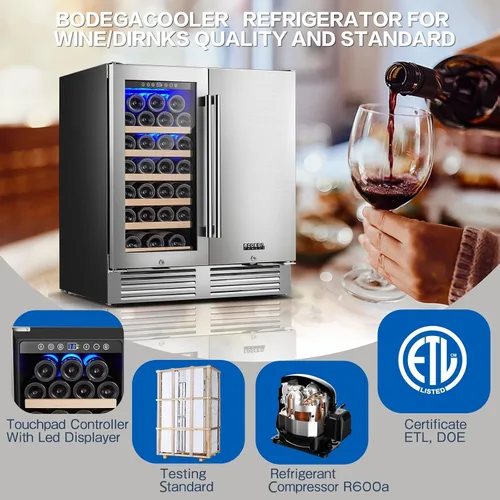 Miniatura 6 de BODEGA Refrigerador de vino y bebidas independiente de 30 pulgadas. Refrigerador de vino de acero inoxidable de doble zona bajo mostrador, enfriador