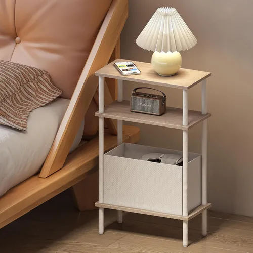 Miniatura 6 de Mesa auxiliar estrecha con cesta de tela, mesa auxiliar para espacios pequeños, mesita de noche delgada con estante de almacenamiento de 3 niveles