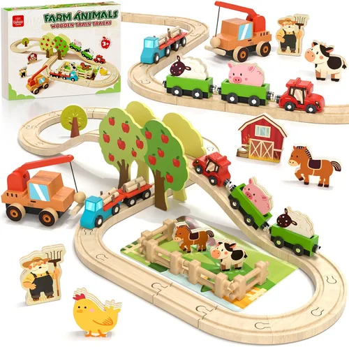 Miniatura 10 de Lehoo Castle Juego de tren de madera - Juego de tren de dinosaurio para niños pequeños de 2 a 4 años, pista de tren de madera, juguetes para niños