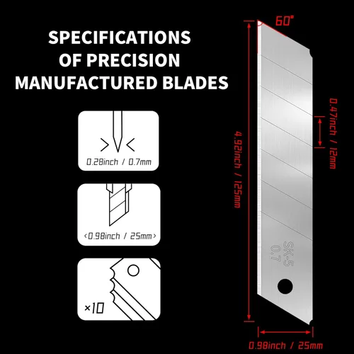 Miniatura 7 de Paquete de 50 cuchillas de cuchillo utilitario de 0.984 in, cuchillas a presión para cortadores de caja retráctiles y cuchillos, cuchillas SK5