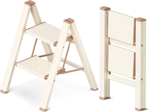 Miniatura 19 de Escalera de 2 escalones, taburete plegable de aluminio de 2 escalones con pedal antideslizante resistente y ancho, escalera portátil ligera para uso