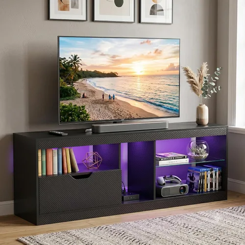 JUMMICO Soporte de TV, centro de entretenimiento LED, soporte de TV para juegos para TV de más de 65 pulgadas, parte superior de fibra de carbono,