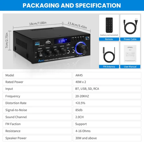 Miniatura 8 de Receptores de amplificador de audio Bluetooth 5.0-AK45 HiFi Stereo Mini Amplificador de Potencia RMS 40W x 2 Máx. 600W 2.0 Canal Componentes