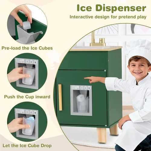 Miniatura 4 de HONEY JOY Play Kitchen, juego de cocina retro de juguete de madera con estufa, fregadero, grifo, microondas, máquina de hielo, utensilios de cocina