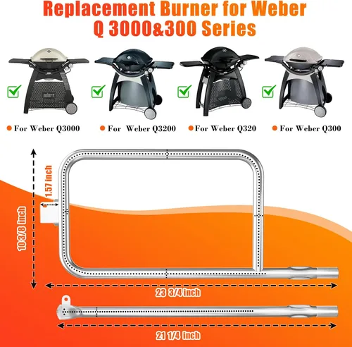 Miniatura 2 de Hisencn 65032 Tubo de quemador de parrilla para parrillas Weber Q3200, Q3000, Q320, Q300, 57060001, 404341, 586002, acero inoxidable 304, repuesto