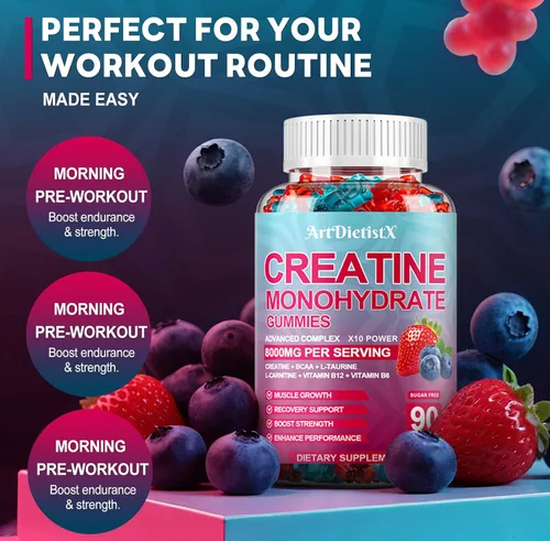 Miniatura 8 de Gomitas de monohidrato de creatina de 8000 mg con BCAA, L-carnitina, taurina y vitamina B12, suplemento preentrenamiento para crecimiento muscular