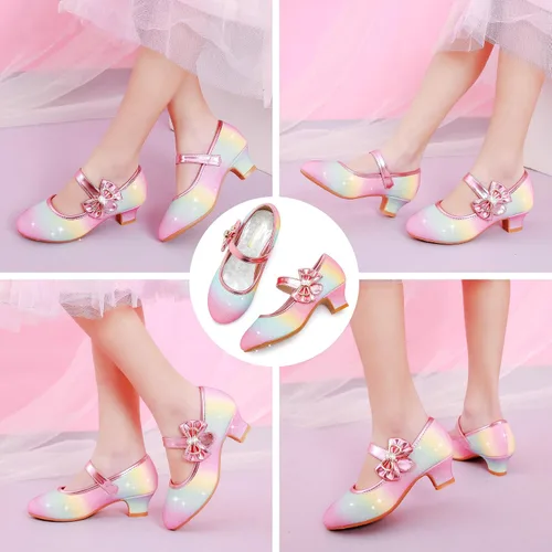 Miniatura 7 de Dufannie Zapatos de vestir para niñas, zapatos de tacón bajo de princesa, zapatos planos con purpurina para bodas y fiestas