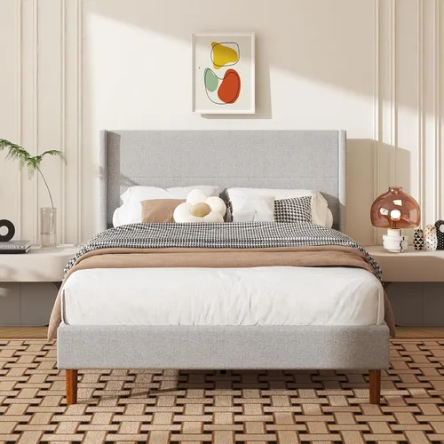 Miniatura 8 de Base de cama de tamaño matrimonial, plataforma tapizada de lino con cabecera con respaldo de ala, soporte de listones de madera, no necesita somier