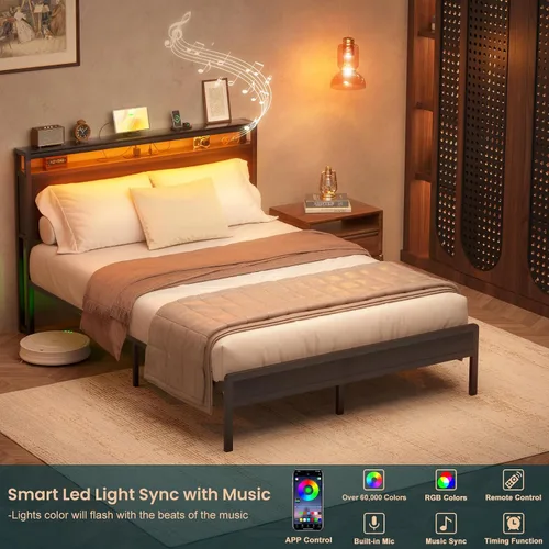 Miniatura 5 de Homieasy Armazón de Cama Full Size con Cabecero, Armazón de Cama Full de Metal Industrial con Estación de Carga y Luces LED, Cama Plataforma Sin