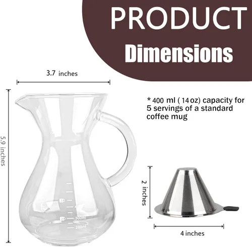 Miniatura 2 de T-mark Cafetera vertida con filtro reutilizable de acero inoxidable de doble capa, jarra de café de vidrio sin BPA de 13.5 fl oz/14oz, cafetera