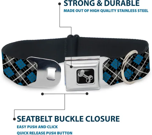 Miniatura 4 de Buckle Down Turquesa/Negro/Gris Argyle Asiento Hebilla de cinturón perro collar, S, Azul