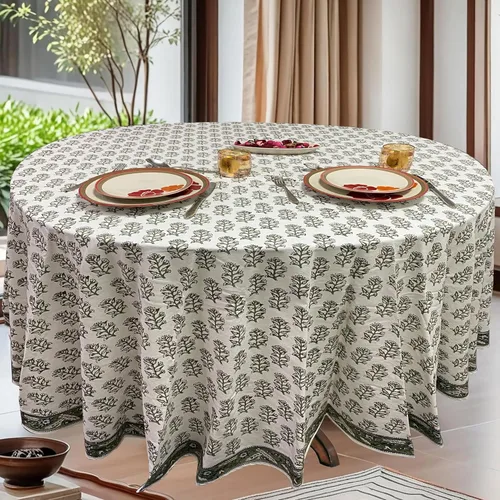 Miniatura 26 de Ridhi Mantel redondo con estampado de bloque a mano, 100% algodón, reutilizable, color rosa flamenco, de 60 pulgadas, mantel decorativo para uso