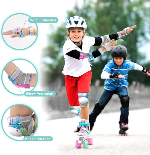 Miniatura 7 de SULIFEEL Patines ajustables para principiantes con rodilleras de unicornio arcoíris verde y rosa
