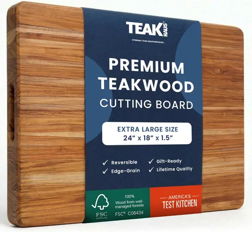 Tabla de cortar Teakhaus - Tabla de cortar de madera extragrande (XL) con asas de agarre - Ideas de regalo para hombres y mujeres - Lista para