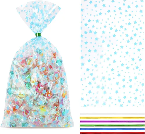 Miniatura 25 de 100 bolsas de regalo de celofán con estampado de estrellas, de 6 x 10 pulgadas, bolsas de regalo de celofán, bolsas de regalo de fiesta, bolsas