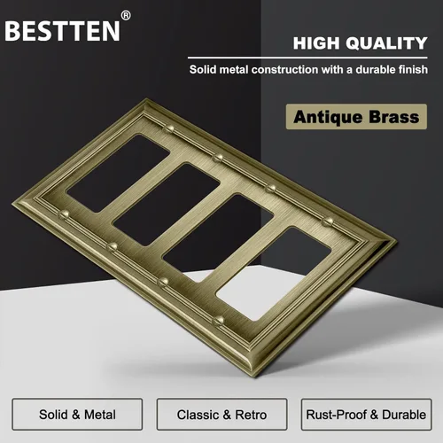Miniatura 2 de BESTTEN Grand Collection - Placa de pared decorativa de latón envejecido de aleación de zinc de 4 cuadras, cubierta de enchufe de latón antiguo