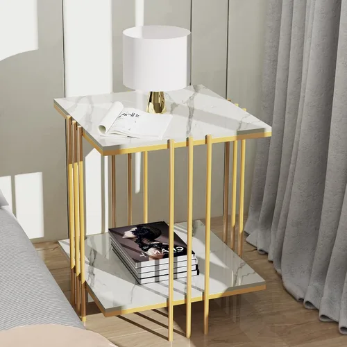 Miniatura 4 de Wisfor Mesa auxiliar de piedra sinterizada: mesa auxiliar de sofá blanca cuadrada de 2 niveles - Mesa de centro pequeña con marco dorado - Moderna