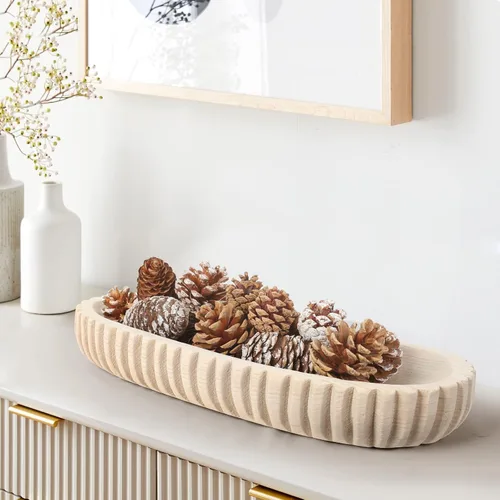 Miniatura 12 de Oakrain Cuenco decorativo de madera para decoración del hogar, cuenco de masa rústico de 16 pulgadas con rayas verticales talladas a mano, bandeja