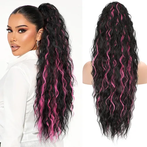 Miniatura 9 de KooKaStyle Extensión de cola de caballo con cordón de 26 pulgadas (66 cm) para mujeres, extensiones de cabello sintético rizado largo para uso