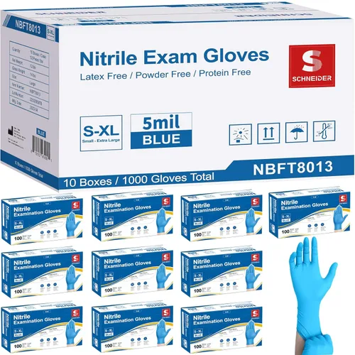 Miniatura 8 de Guantes de examen de nitrilo Schneider, grandes, caja de 100, guantes desechables resistentes, texturizados, sin látex, aptos para alimentos, Azul