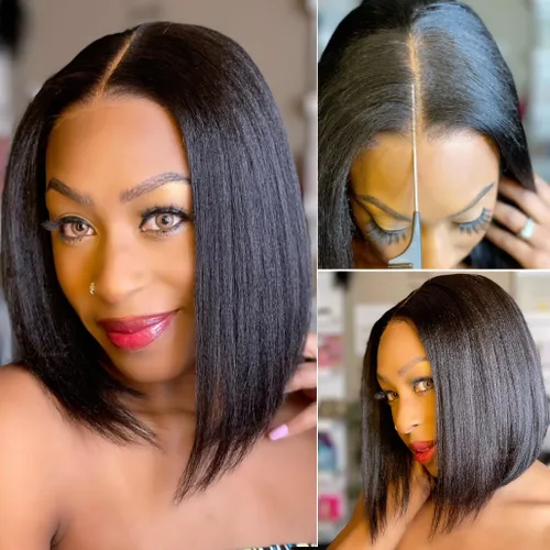 Miniatura 8 de Nadula Pelucas de cabello humano lacio Yaki sin pegamento con encaje frontal de 7 x 5 pulgadas, nudos invisibles, predepilados, pretodo, 3S, listo