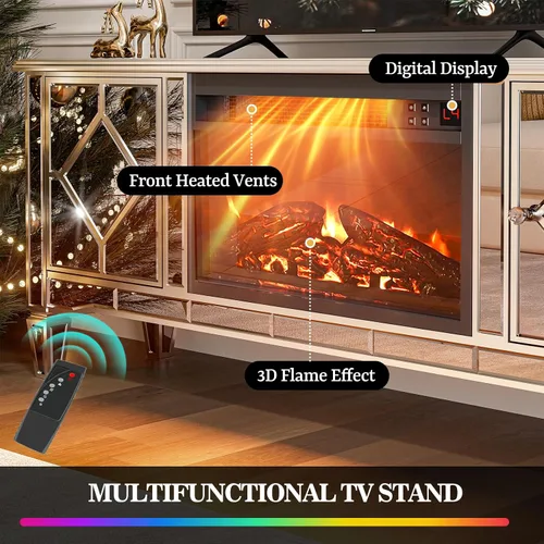 Miniatura 3 de IKIFLY Soporte de TV con espejo con chimenea para TV de más de 75 pulgadas, centro de entretenimiento con chimenea eléctrica plateada con 7