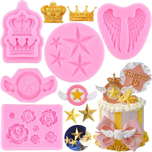 ZiXiang Molde de fondant de estrella con diseño de flores de rosas, moldes de corona de alas de ángel, moldes de chocolate para decoración de