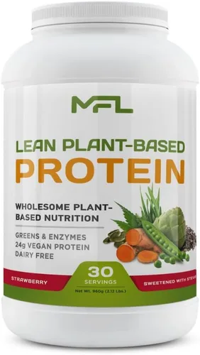 MFL - Proteína en polvo vegana, a base de plantas, sin gluten, sin lácteos, sin OMG, sin lactosa, apta para dieta cetogénica, 2.12 libras (fresa)